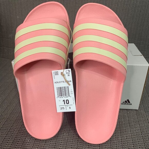 Adidas Adilette Aqua Womens Size 10 Slides Pink & Off-White Stripes - Picture 2 of 8